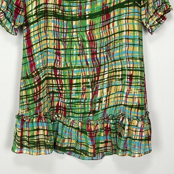 KindLikeLove Womans Green Abstract Plaid Mini Shift Dress Bow Ruffle size Small - Picture 7 of 10